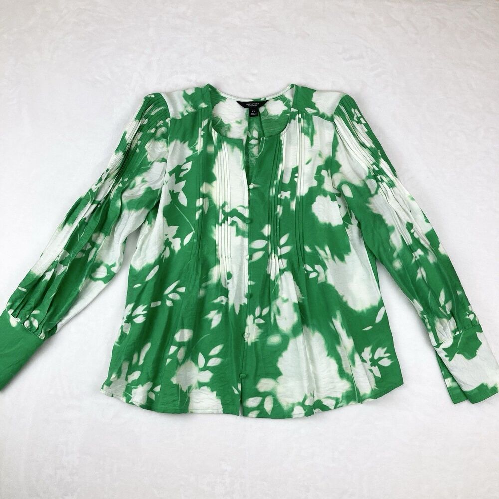 Simply Vera Vera Wang Blouse Women's XS Floral Green & White Long Sleeve Button